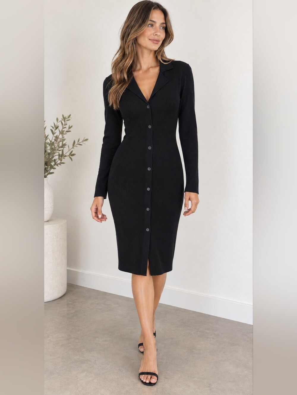 BCBGMaxAzria Black Button-Front Long Sleeve Midi Dress